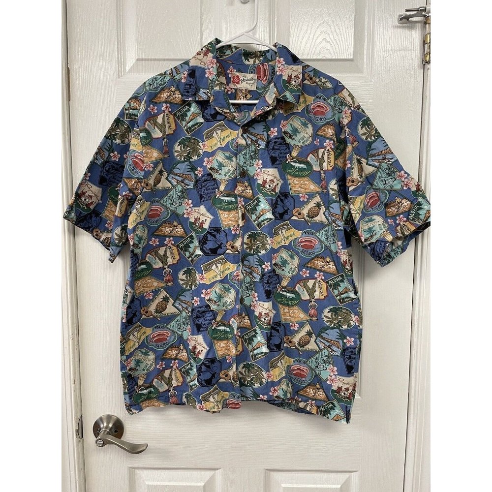 Hilo Hattie Shirt Mens Large Blue Hawaiian Original Button Up Floral Tree Print